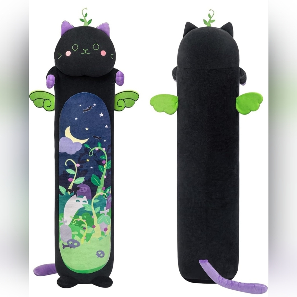 Mewaii Long Cat Plush Body Pillow Kawaii Cute Black Mint Cat Pillow 53" Long